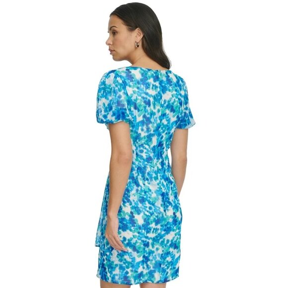 DKNY Blue Green Watercolor Print Chiffon Dress‎ Size 12 Short Bubble Sleeves - Picture 3 of 9